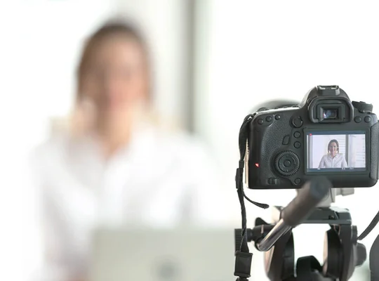 Une femme a une configuration de caméra sur un trépied et s’enregistre elle-même.