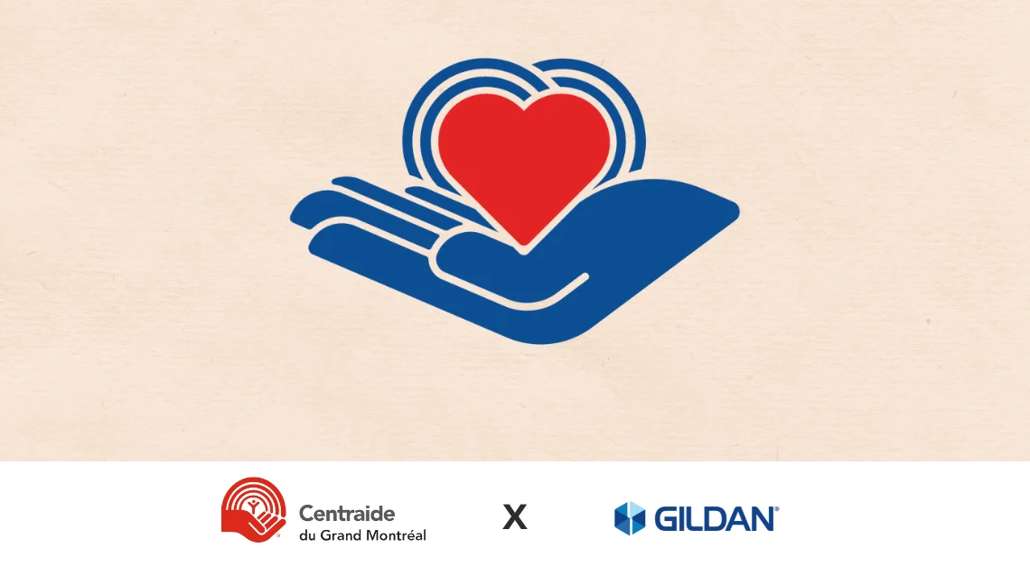 Una mano azul sosteniendo un corazón leído, sobre un fondo beige, con logotipos Centraide & Gildan