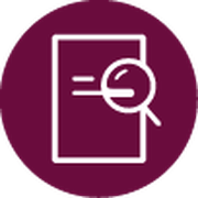 A purple circle with a white paper and magnifying glass icon in the middle.